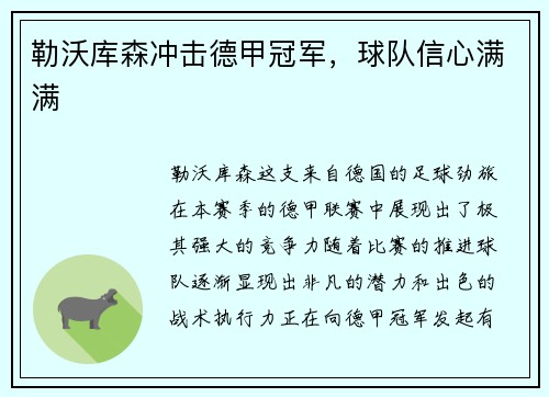 勒沃库森冲击德甲冠军，球队信心满满