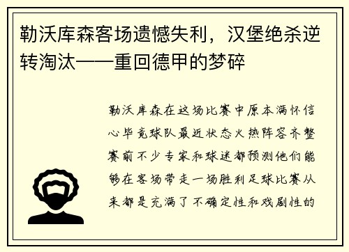 勒沃库森客场遗憾失利，汉堡绝杀逆转淘汰——重回德甲的梦碎